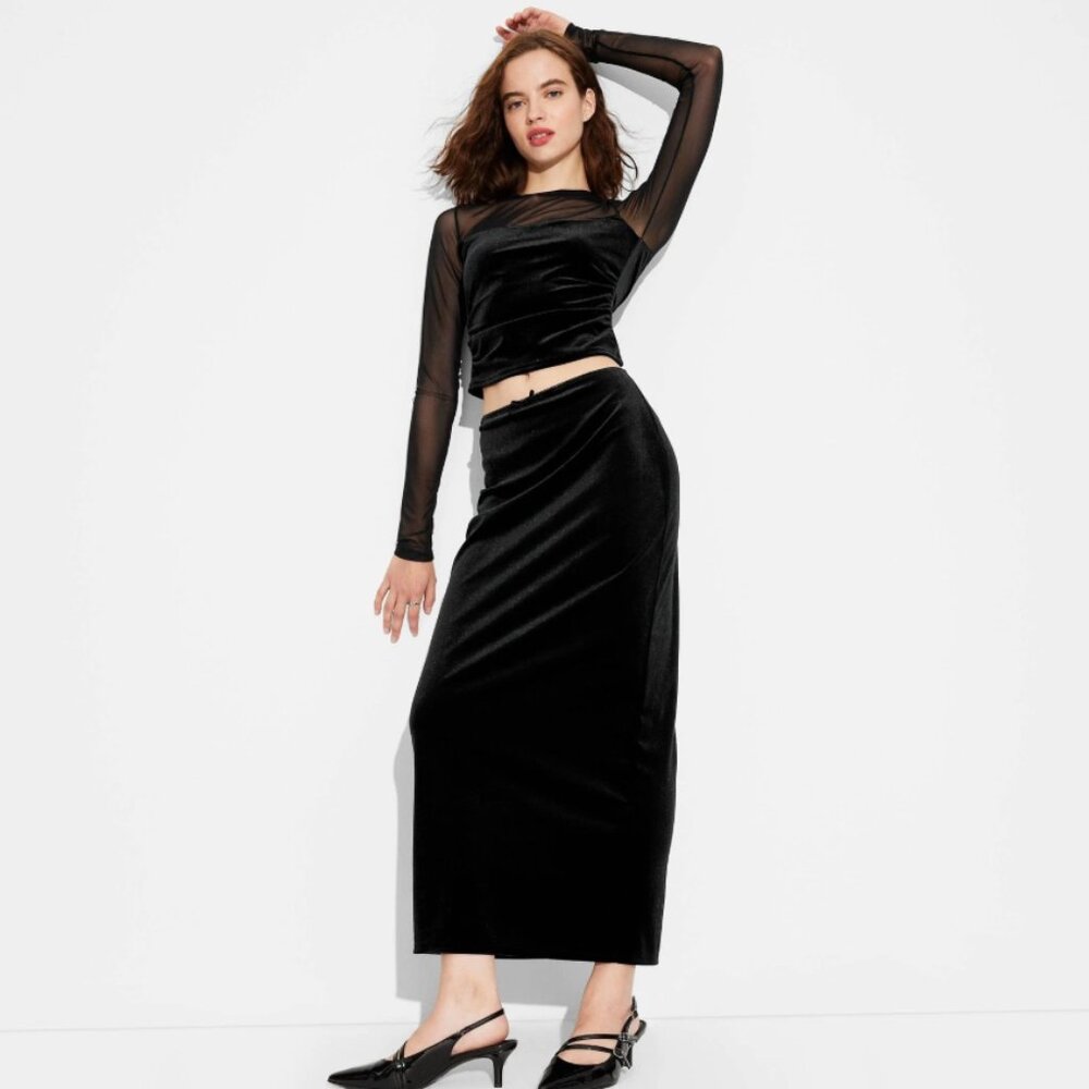 NWT Wild Fable Women's Size XS Black Satin Elastic Waist Velour Maxi Skirt - Picture 2 of 13